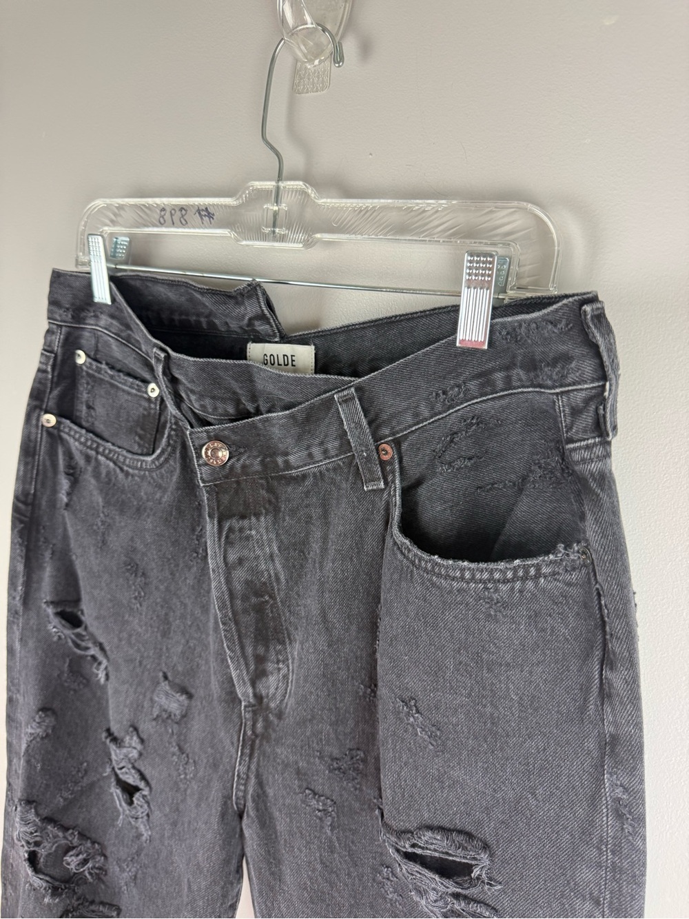 Agolde Criss Cross Straight Distressed Thrashed Jeans SZ 32 Black Raw Hem Cotton